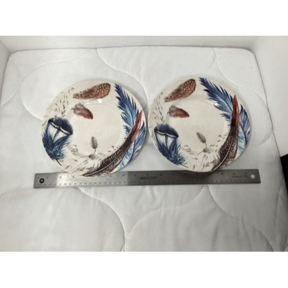 Pier 1 Imports Set Of 2 Stoneware Feather Plates Dinner Salad Round 8.5” Boho - Picture 5 of 5